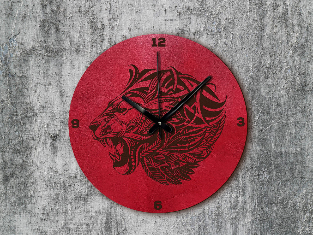 Engraved Lion Leather Wall Clock: Personalized Zentangle Art