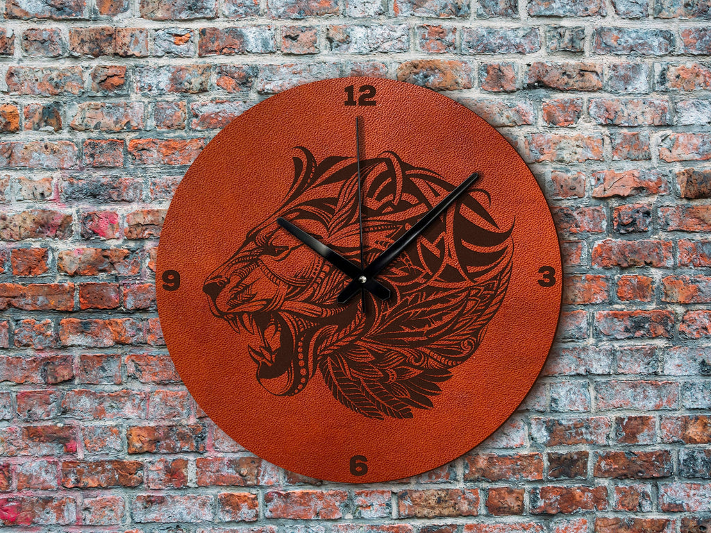 Engraved Lion Leather Wall Clock: Personalized Zentangle Art