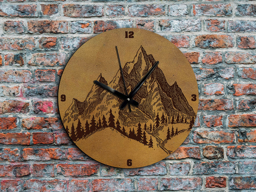Mountain Landscape Leather Wall Clock, Natural Art Decor