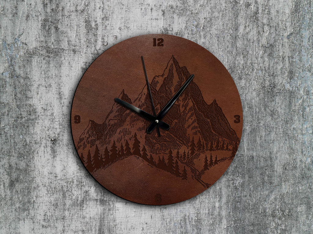 Mountain Landscape Leather Wall Clock, Natural Art Decor