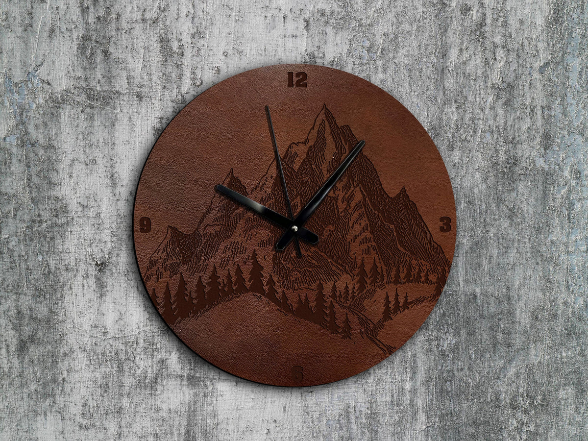 Mountain Landscape Leather Wall Clock, Natural Art Decor