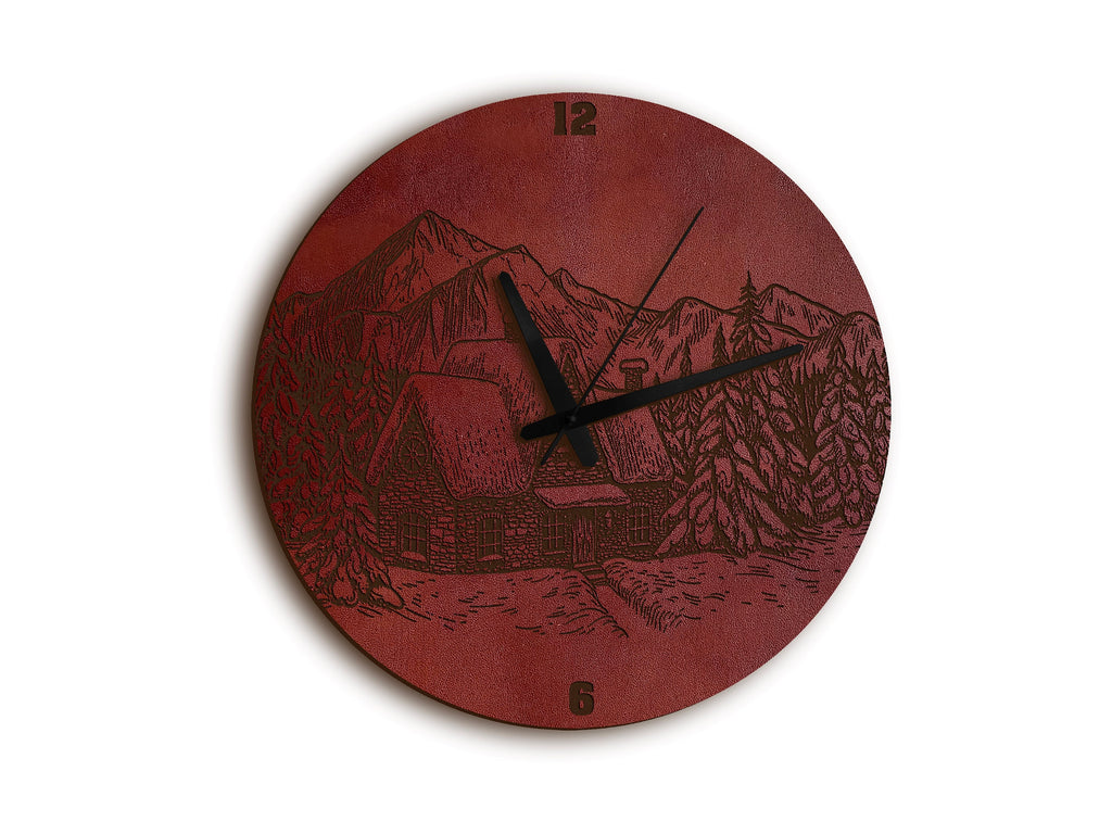 Leather Landscape Wall Clock: Engraved Country House Art