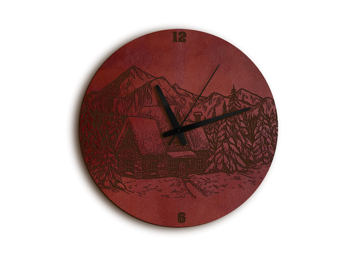 Leather Landscape Wall Clock: Engraved Country House Art
