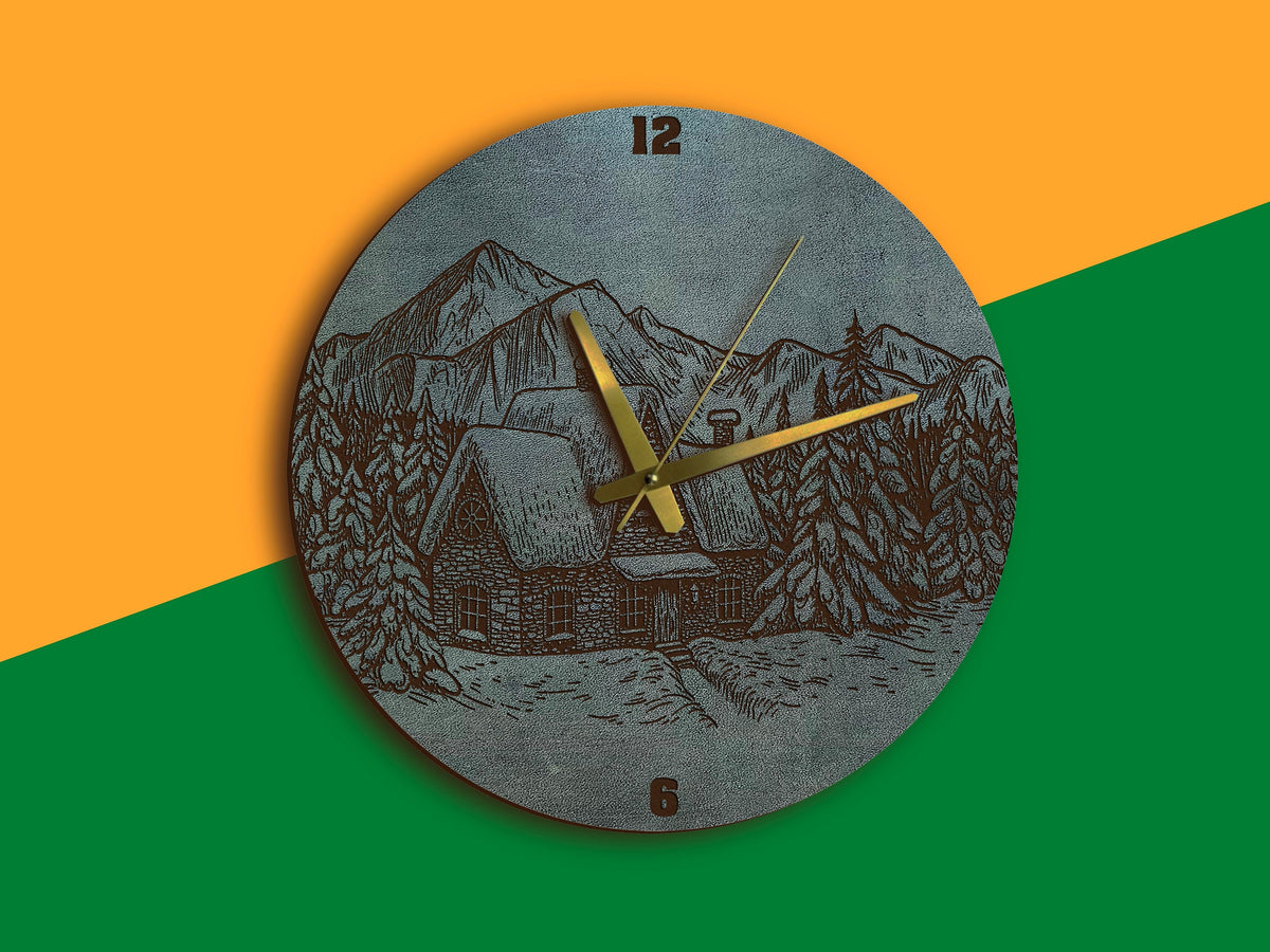Leather Landscape Wall Clock: Engraved Country House Art
