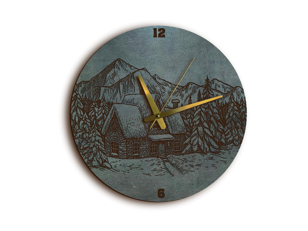 Leather Landscape Wall Clock: Engraved Country House Art