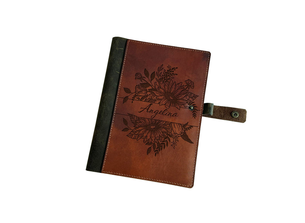 Floral leather journal cover, custom name engraving notebook cover, Personalized leather gift ideas, gift for mom, cooking diary notebook