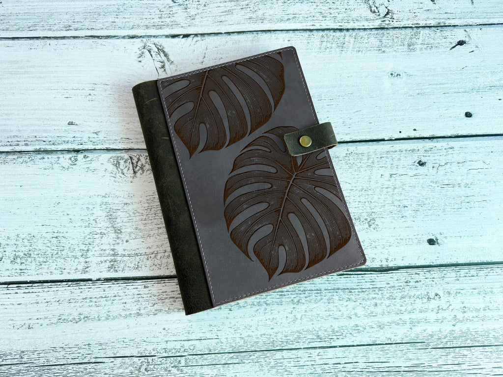 Monstera Leaf Leather Journal Cover: Personalized Notebook, Business Portfolio