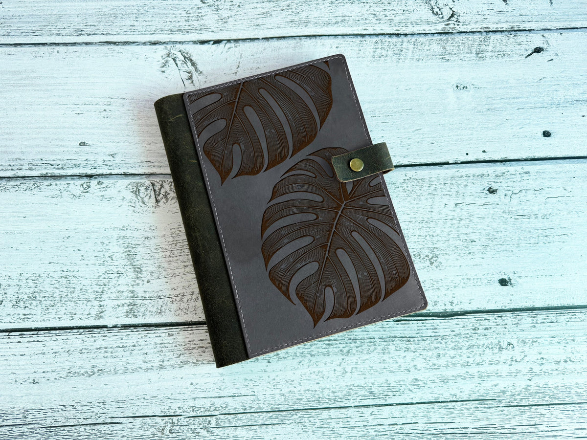 Monstera Leaf Leather Journal Cover: Personalized Notebook, Business Portfolio