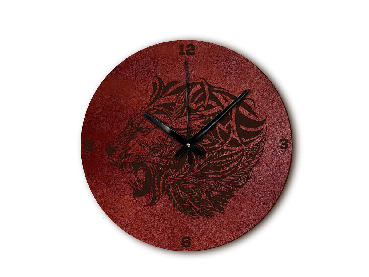 Engraved Lion Leather Wall Clock: Personalized Zentangle Art