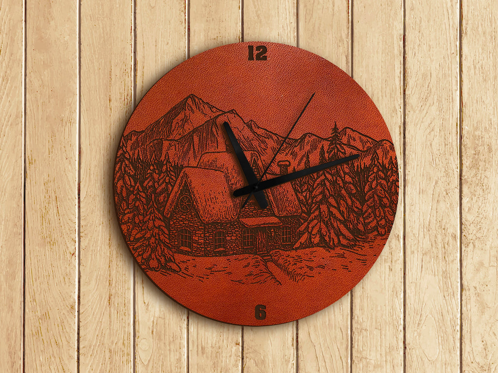 Leather Landscape Wall Clock: Engraved Country House Art
