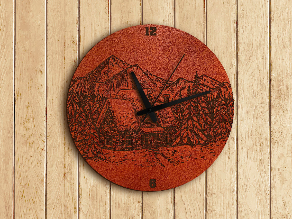 Leather Landscape Wall Clock: Engraved Country House Art