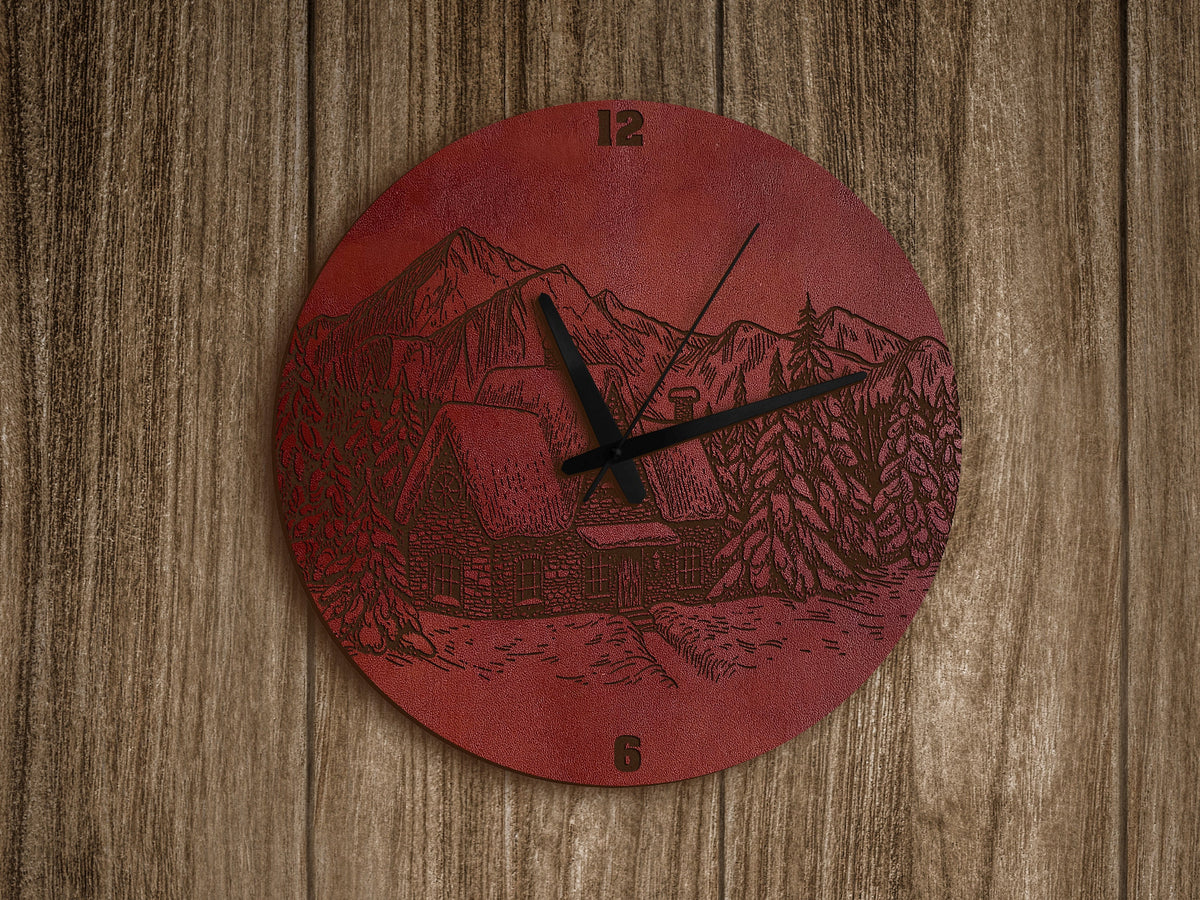 Leather Landscape Wall Clock: Engraved Country House Art