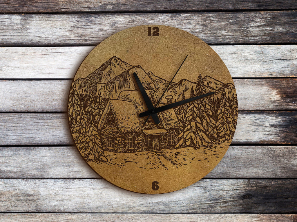 Leather Landscape Wall Clock: Engraved Country House Art