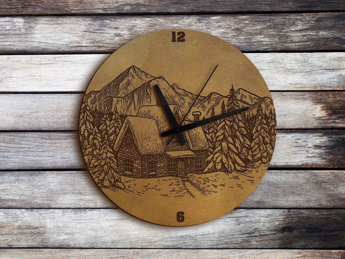 Leather Landscape Wall Clock: Engraved Country House Art