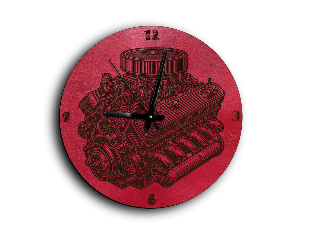 Leather Engine Wall Clock, Automotive Art