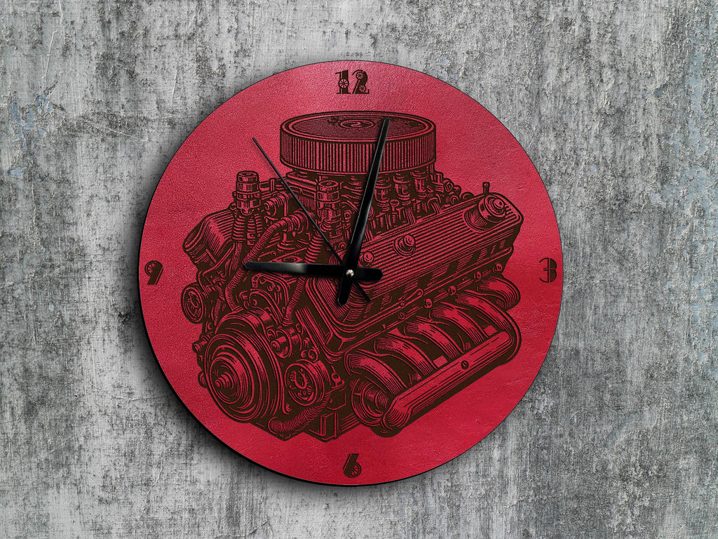 Leather Engine Wall Clock, Automotive Art