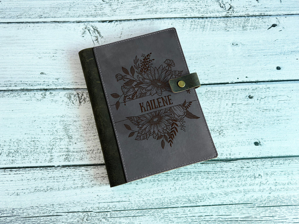 Floral leather journal cover, custom name engraving notebook cover, Personalized leather gift ideas, gift for mom, cooking diary notebook