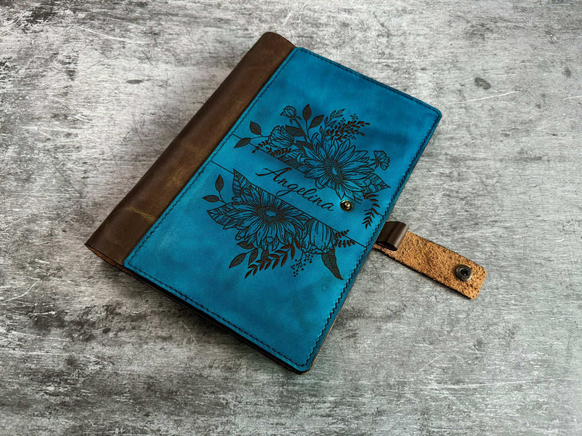 Floral leather journal cover, custom name engraving notebook cover, Personalized leather gift ideas, gift for mom, cooking diary notebook