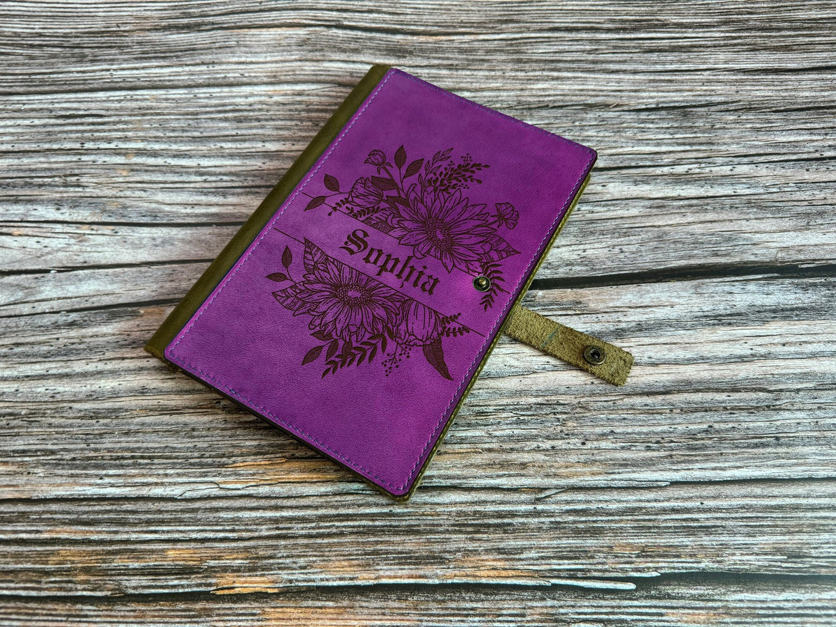 Floral leather journal cover, custom name engraving notebook cover, Personalized leather gift ideas, gift for mom, cooking diary notebook
