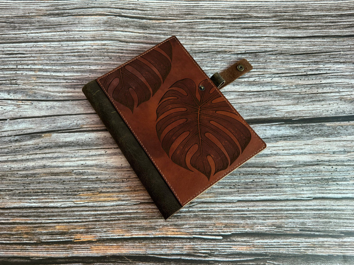 Monstera Leaf Leather Journal Cover: Personalized Notebook, Business Portfolio