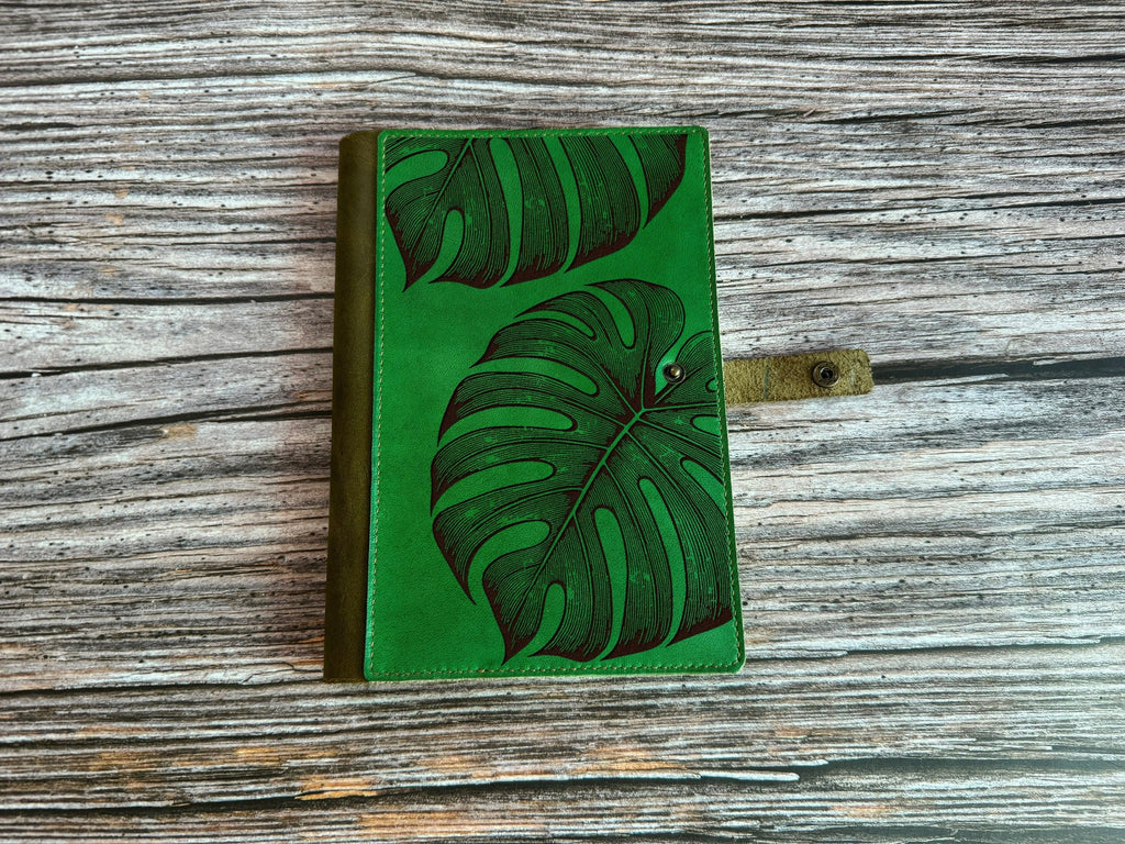 Monstera Leaf Leather Journal Cover: Personalized Notebook, Business Portfolio