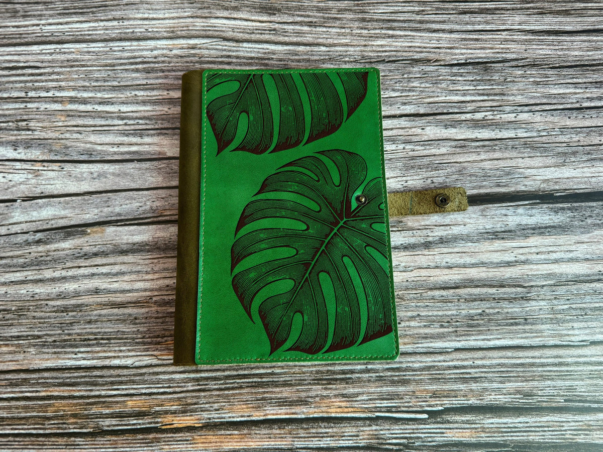 Monstera Leaf Leather Journal Cover: Personalized Notebook, Business Portfolio