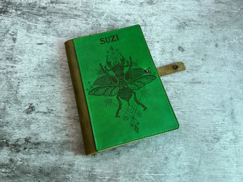 Insect Leather Journal Cover: Stag Beetle Notebook, Personalized Portfolio