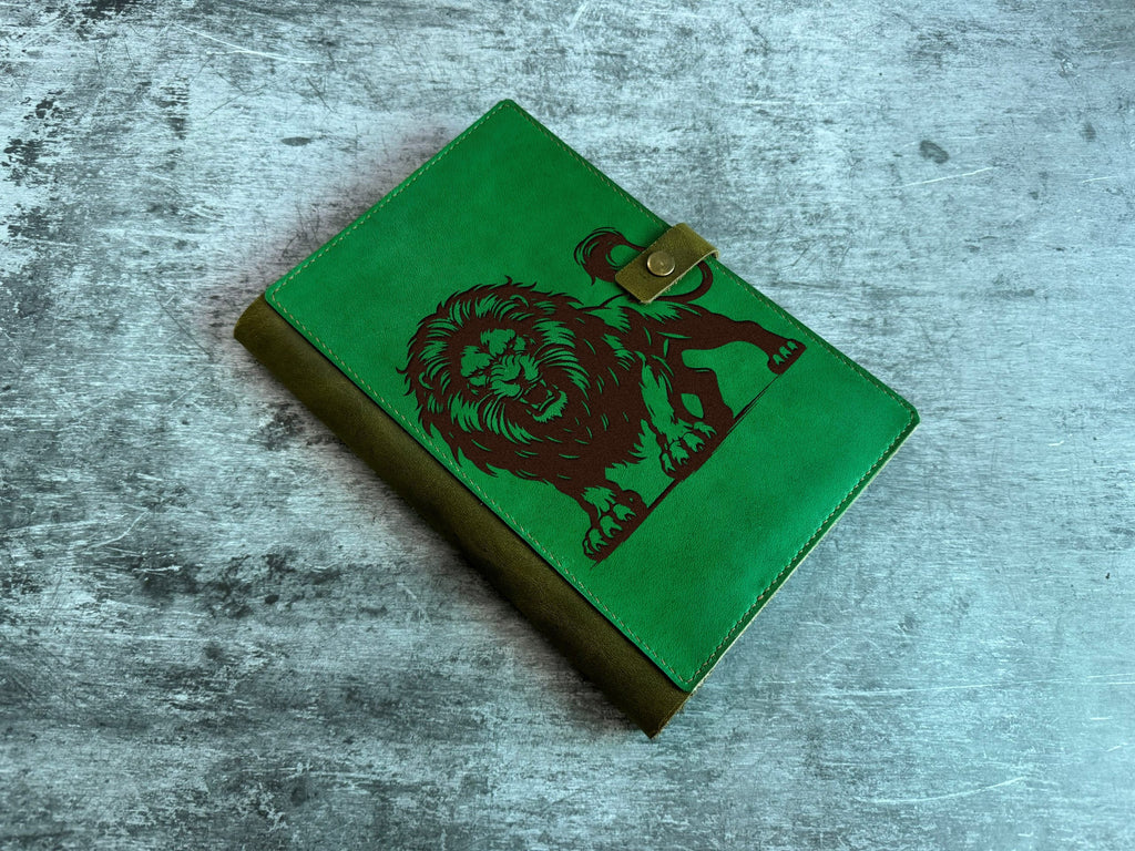 Lion Leather Journal Cover: Custom Engraved Handmade Portfolio