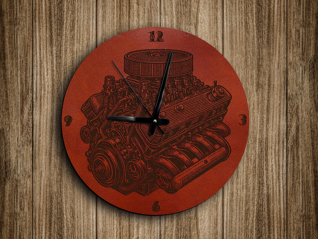 Leather Engine Wall Clock, Automotive Art