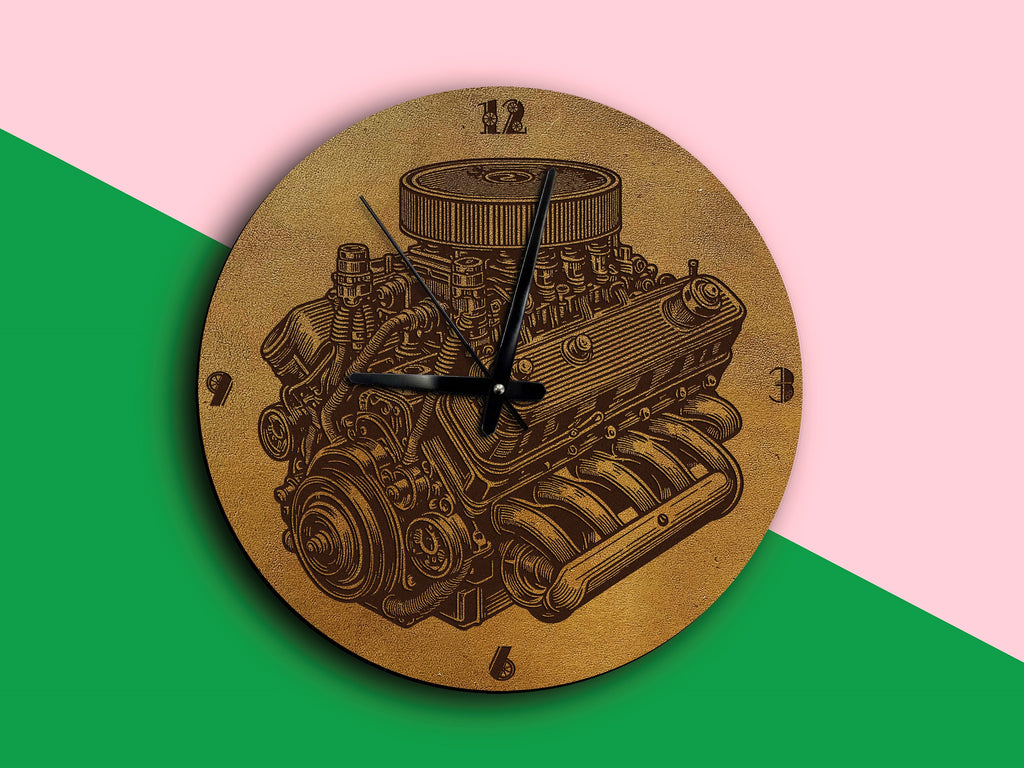 Leather Engine Wall Clock, Automotive Art
