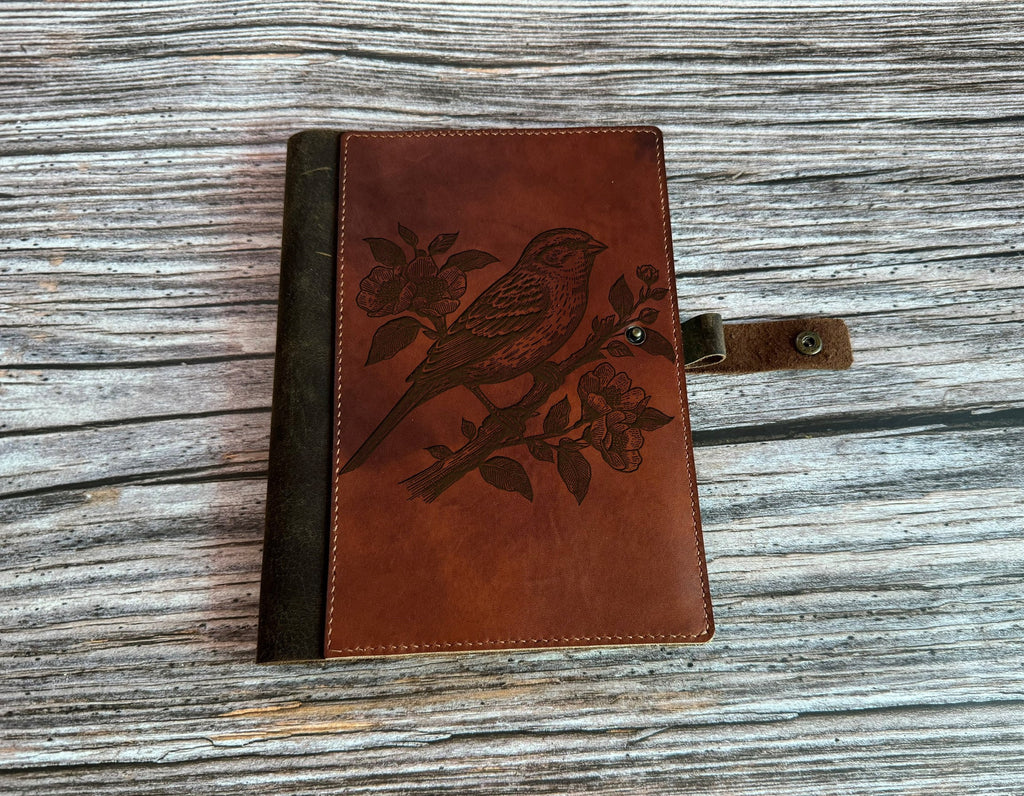Bird Drawing Leather Journal Cover: Custom Engraved Portfolio