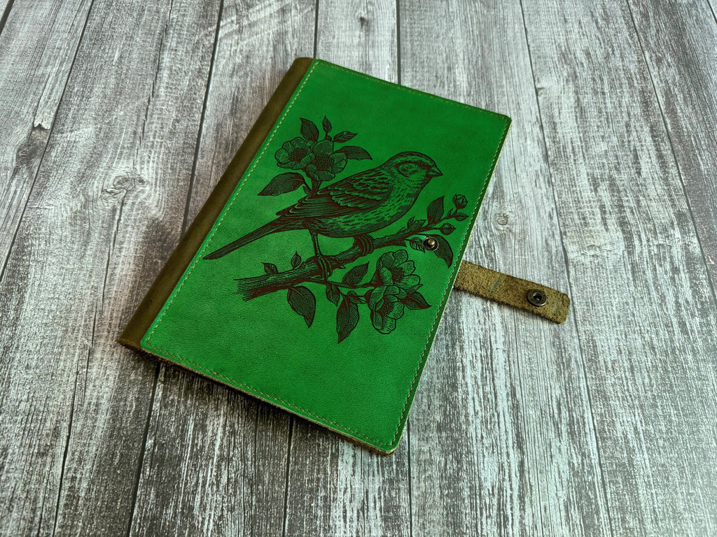 Bird Drawing Leather Journal Cover: Custom Engraved Portfolio