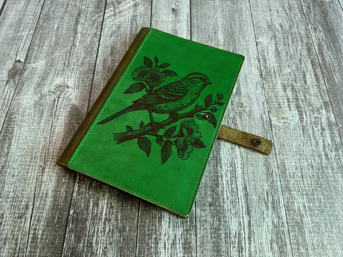 Bird Drawing Leather Journal Cover: Custom Engraved Portfolio