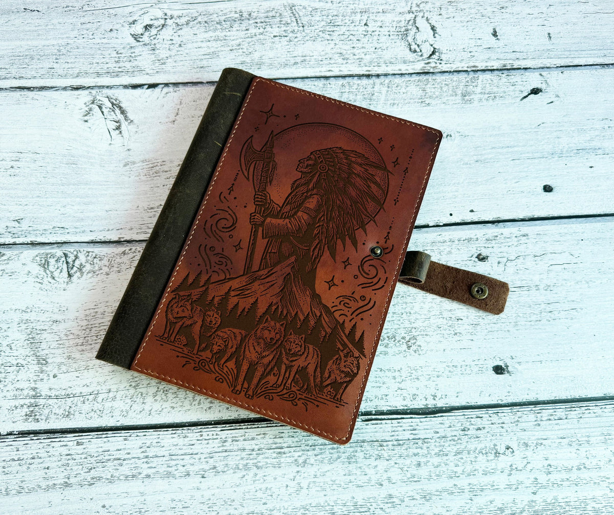 Engraved Leather Journal Cover: Indian Chief, Native American Gift