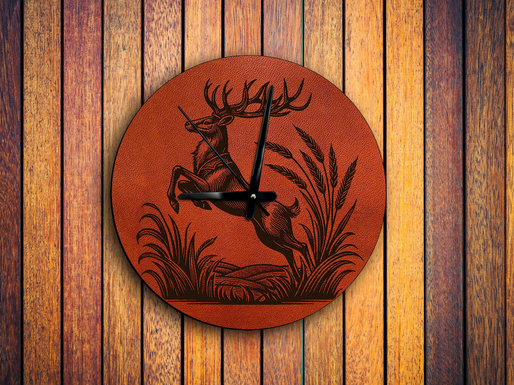Deer Leather Wall Clock, Hunting Decor, Custom Engraved Gift