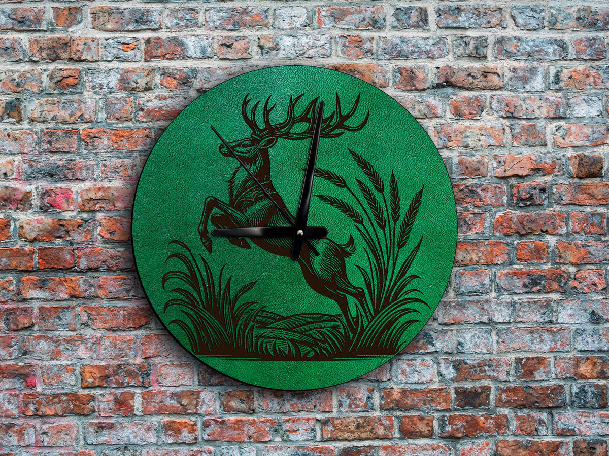 Deer Leather Wall Clock, Hunting Decor, Custom Engraved Gift