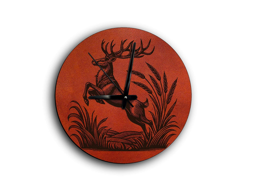 Deer Leather Wall Clock, Hunting Decor, Custom Engraved Gift