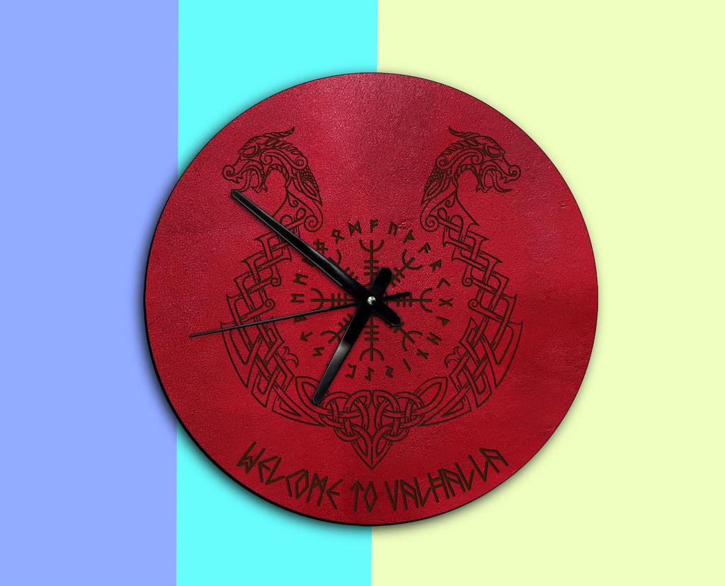 Helm of Awe Leather Wall Clock: Viking Celtic Dragon Engraved