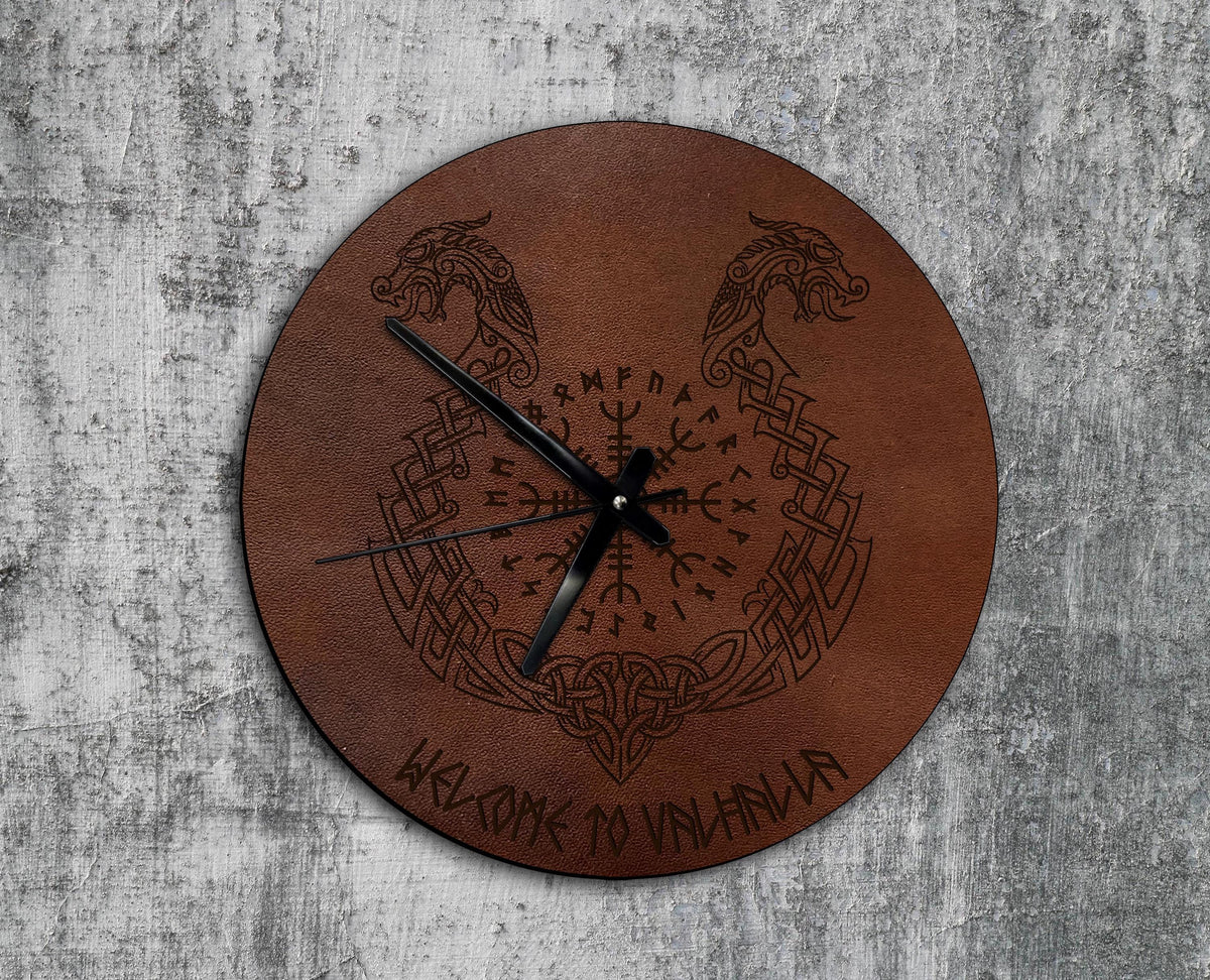 Helm of Awe Leather Wall Clock: Viking Celtic Dragon Engraved