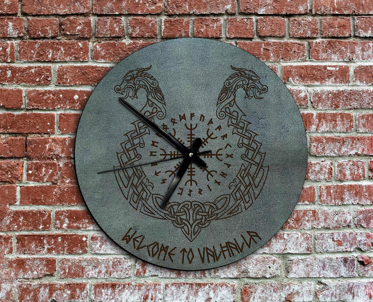 Helm of Awe Leather Wall Clock: Viking Celtic Dragon Engraved