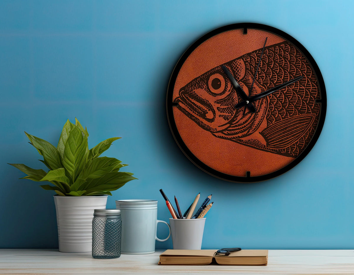 Engraved Leather Fish Clock: Rustic Ocean Wall Decor