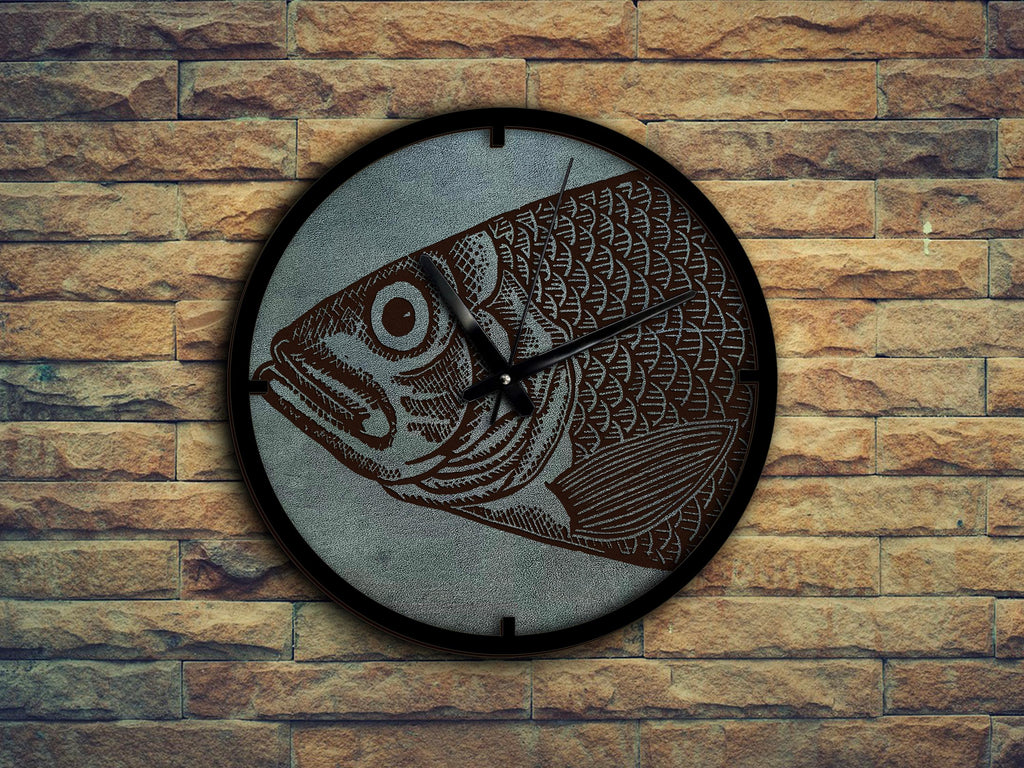 Engraved Leather Fish Clock: Rustic Ocean Wall Decor