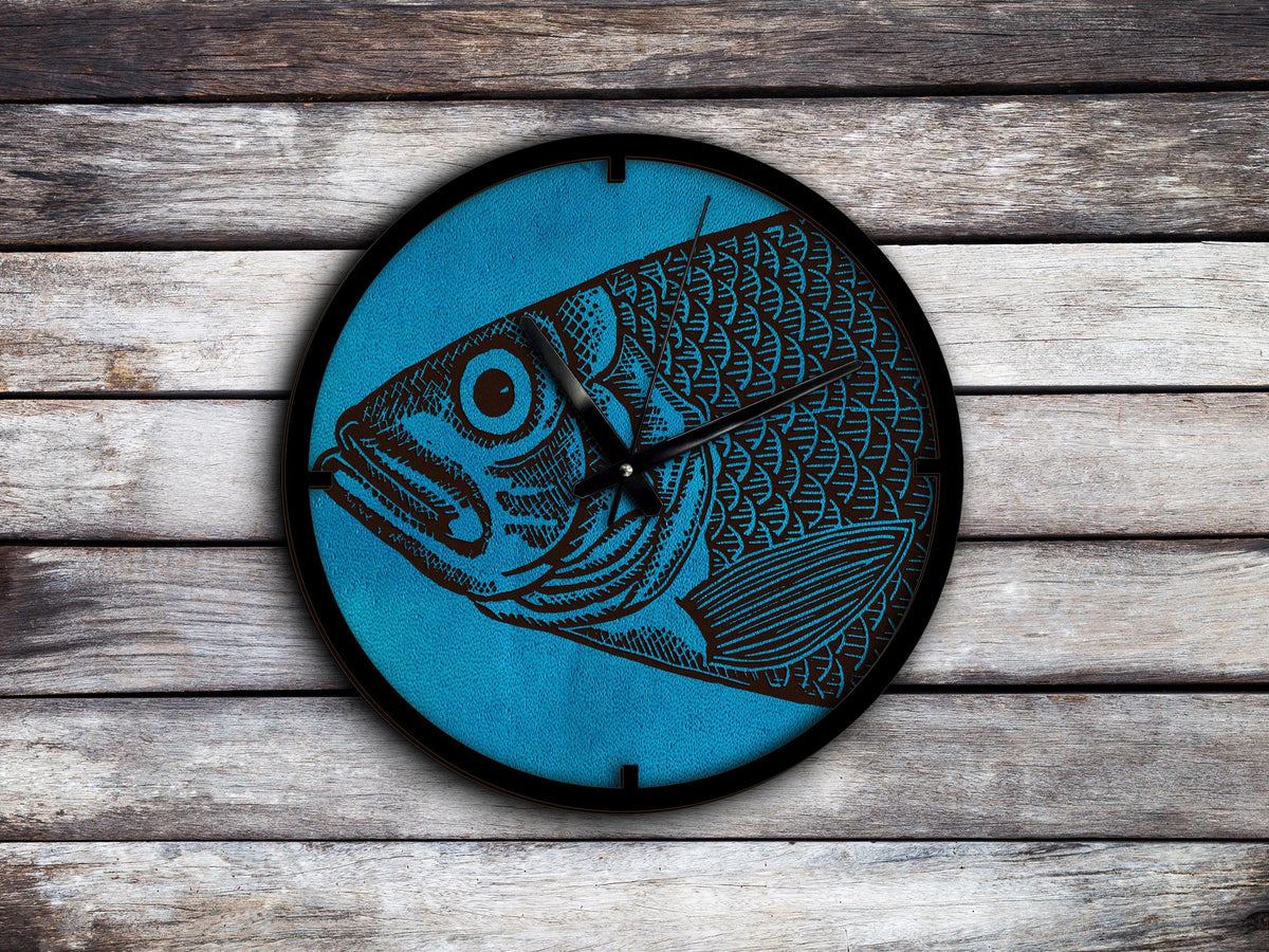 Engraved Leather Fish Clock: Rustic Ocean Wall Decor