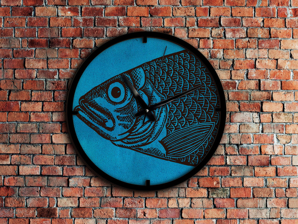 Engraved Leather Fish Clock: Rustic Ocean Wall Decor