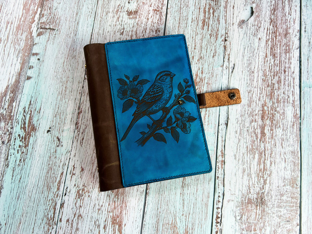 Bird Drawing Leather Journal Cover: Custom Engraved Portfolio