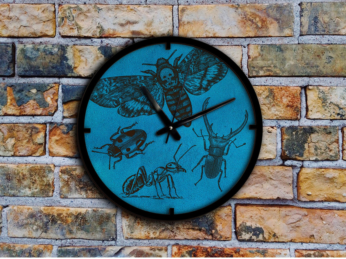 Insect Leather Wall Clock, Beetle Decor, Personalized Engraving