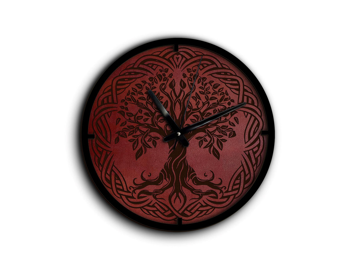 Engraved Leather Tree of Life Clock: Celtic Scandinavian Wall Decor