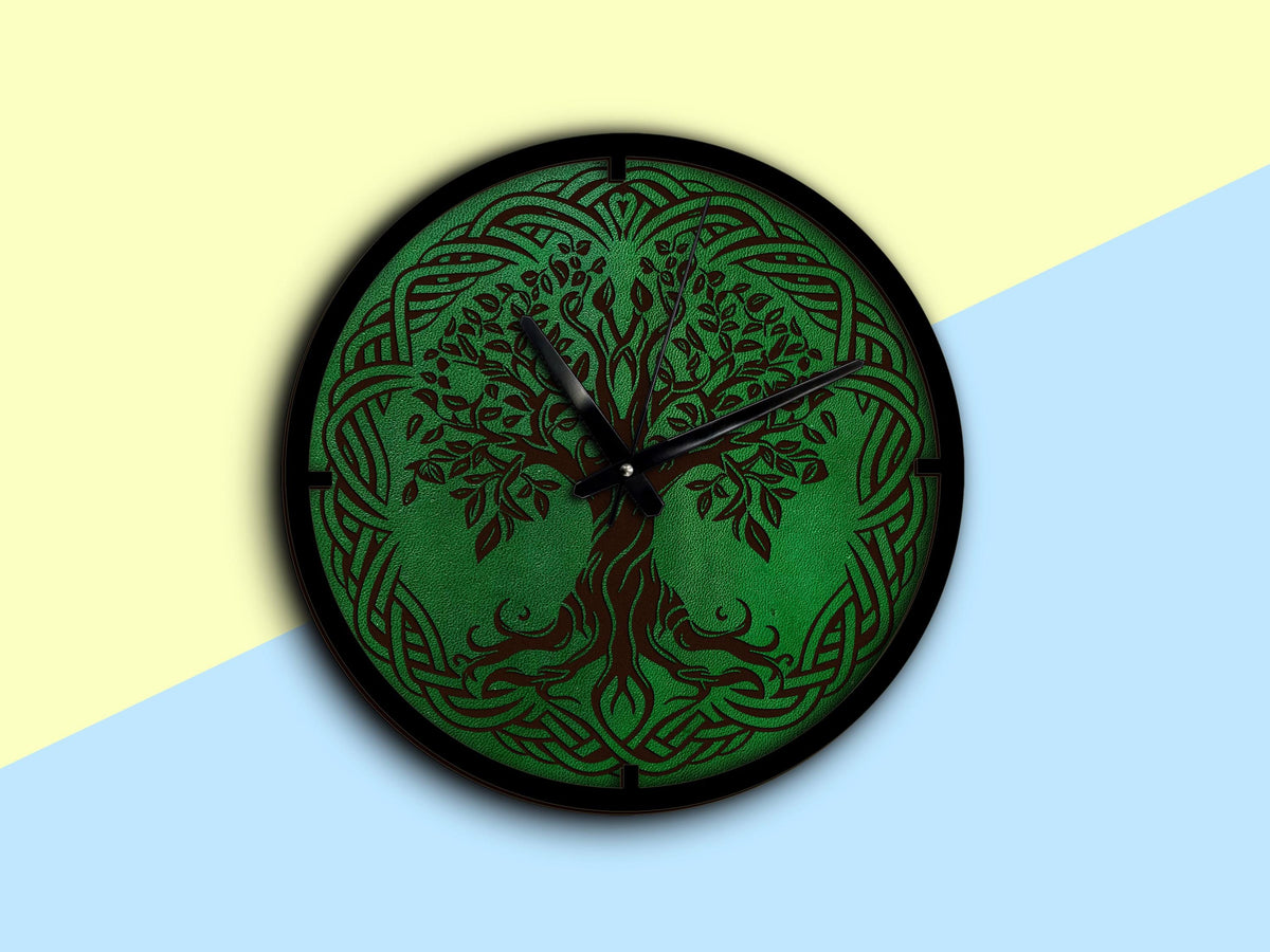 Engraved Leather Tree of Life Clock: Celtic Scandinavian Wall Decor