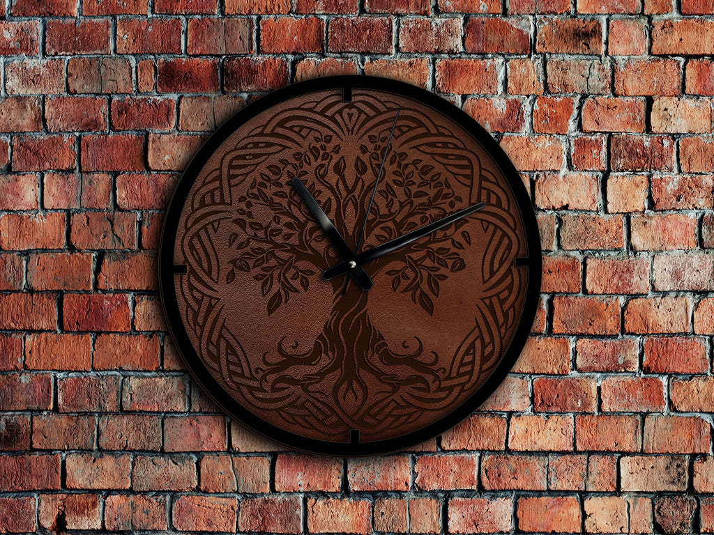 Engraved Leather Tree of Life Clock: Celtic Scandinavian Wall Decor