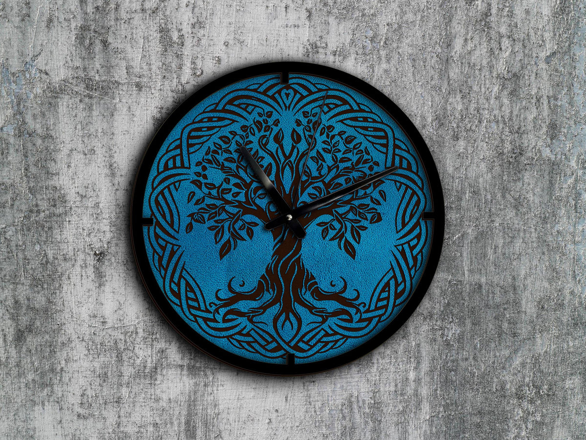 Engraved Leather Tree of Life Clock: Celtic Scandinavian Wall Decor